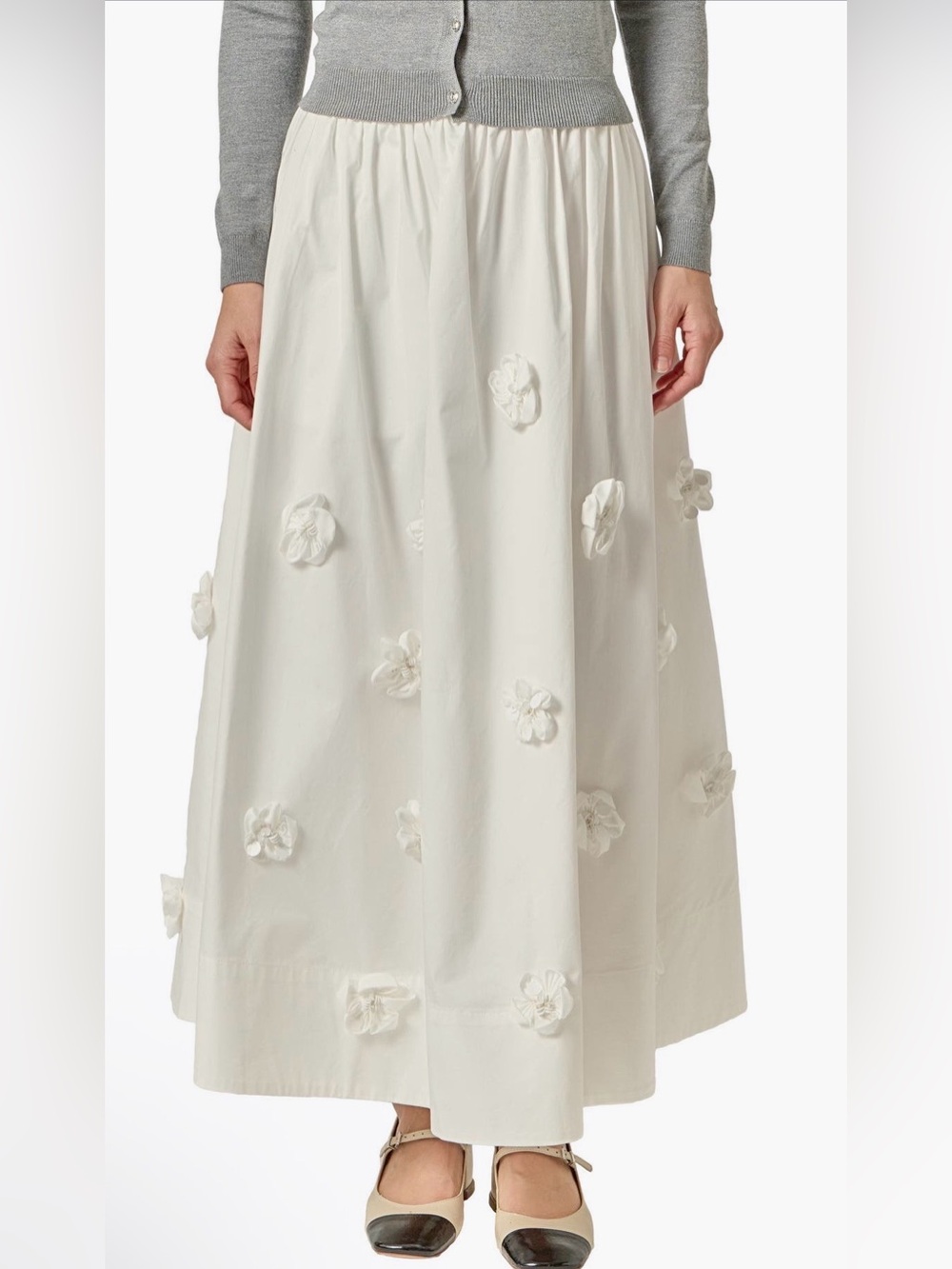 English Factory Ivory Floral Appliqué Full Midi Skirt